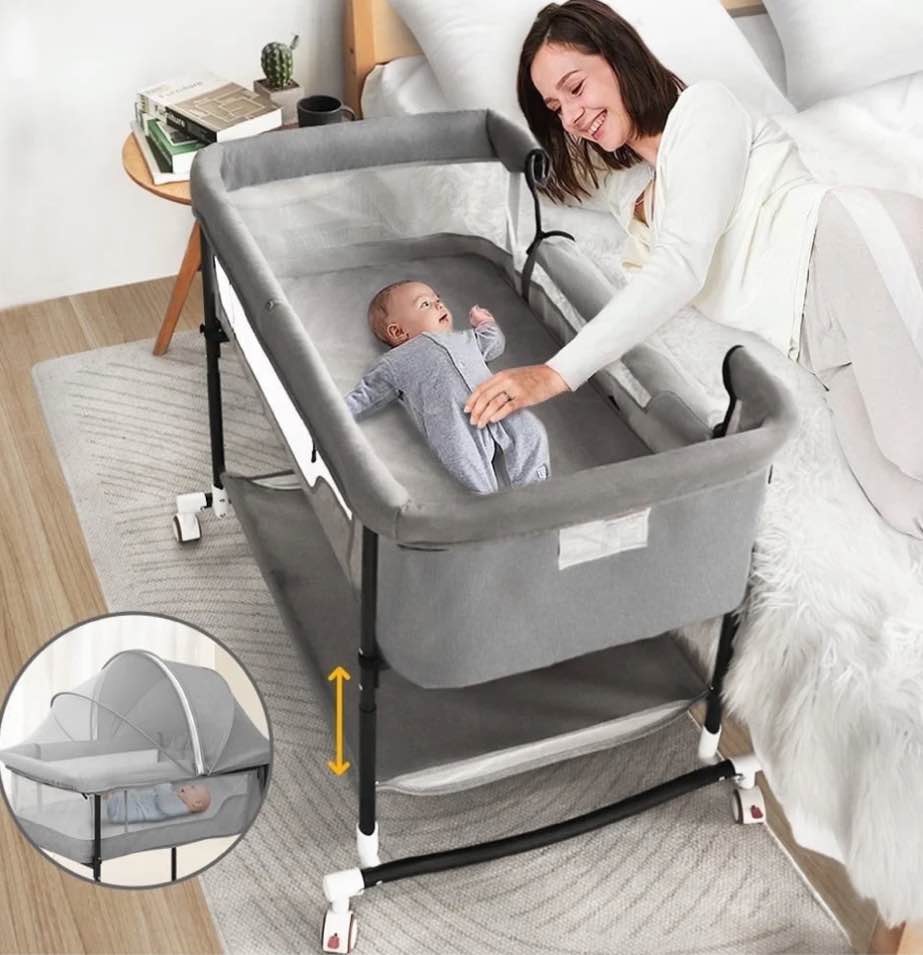baby bassinet, caveen 4 in 1 adjustable infant bedside crib beds with changing table, storage basket, wheel, mosquito net, for 0-24 months, gray