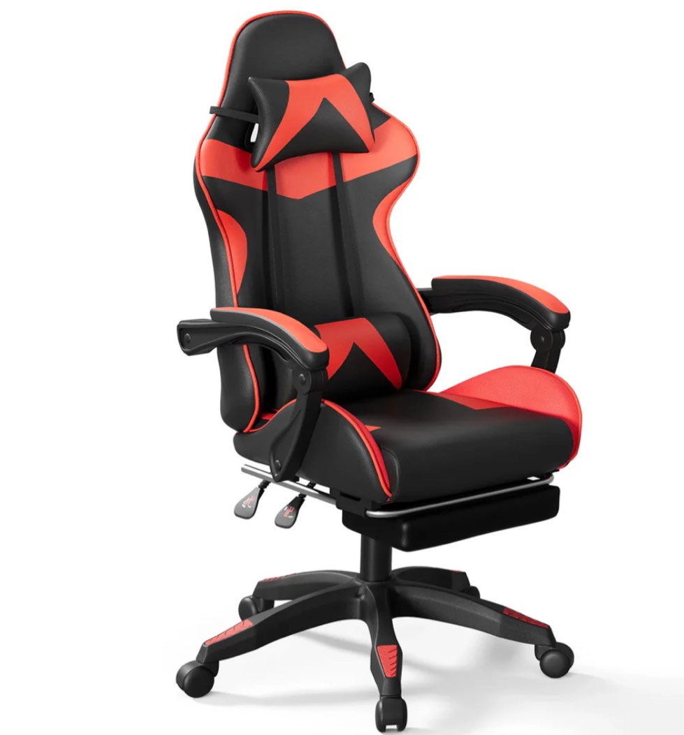 JOZ Office Gaming Chair with Footrest & Lumbar Support, Ergonomic Adjustable Computer Chair with Swivel Seat & Headrest, Red