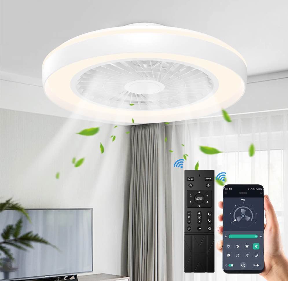 XAUJIX 19in White Modern LED Flush Mount Ceiling Fan With Remote Control