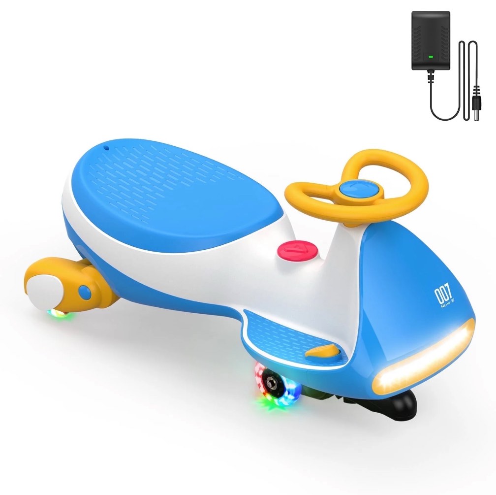 fanttikride 12v n7 pro electric wiggle car with pedal, 2-in-1 kids ride on toy, rechargeable battery, 2-speed, anti-rollover, flashing wheels, bluetooth music, for ages 3+, 150 lbs, sailor blue