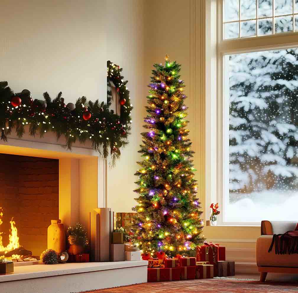 funcid 6ft pre-lit artificial hinged slim pencil christmas tree with 250 warm white & multi-color lights, 972 branch tips, metal hinges & foldable base, green