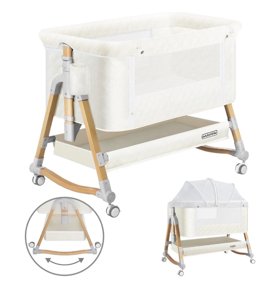 harppa baby bassinet bedside sleeper - 3-in-1 cradle for newborns, with storage & wheels, white