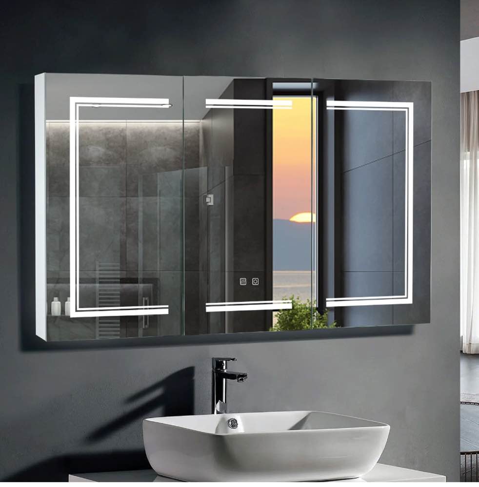 Ktaxon 48"x28" LED Bathroom Mirror Cabinet with Lights, Wall-Mounted Medicine w/ Defogger, Dimmable, Memory function, Outlets & USB, White