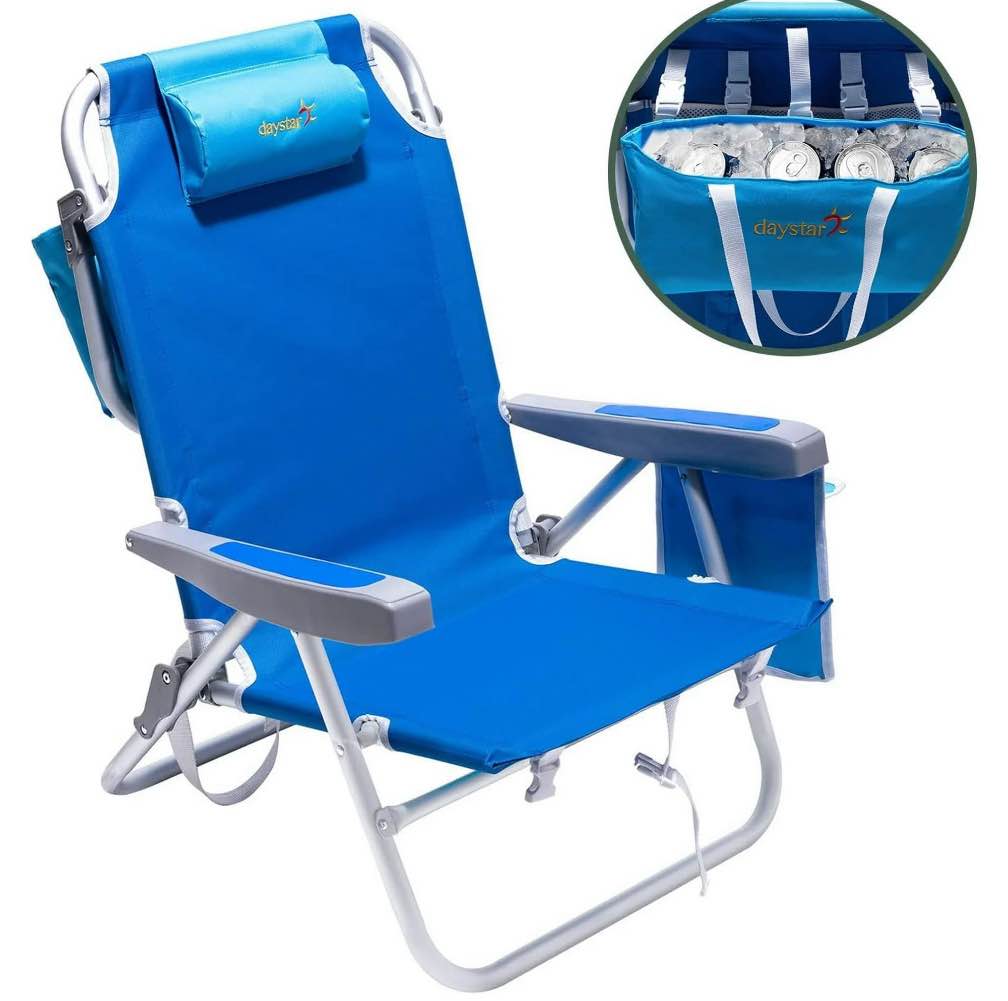 sunnyfeel low beach chair 5 position lay flat, portable lightweight folding backpack chair with cooler bag