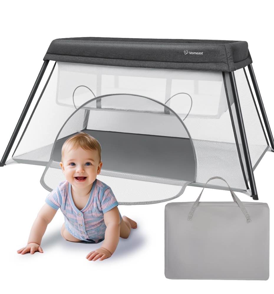 Vomeast Travel Crib, Baby Bassinet Portable Crib, Baby Playard Foldable with Baby Mattress, Gray
