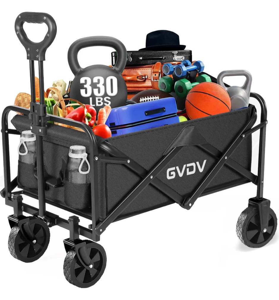 GVDV Collapsible Wagon Cart, Portable Utility Wagon for Camping, Beach, Picnic, Shopping, Sports, and Grocery Transport, Black