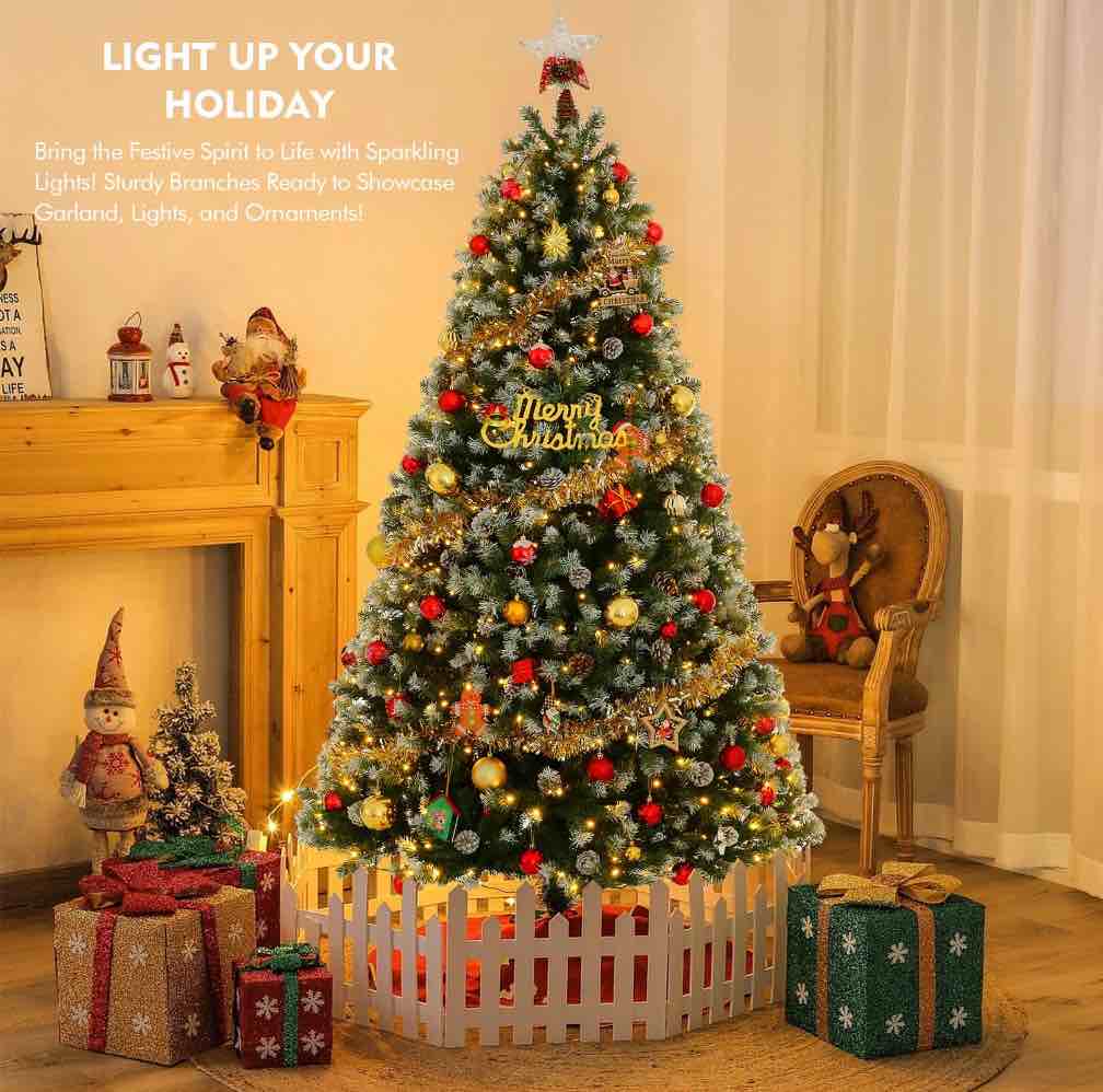 Funcid 6ft Artificial Christmas Tree with 8 Adjustable Light Flash Rate Modes  Decorated Xmas Tree with Pine Cones  Hinged Partially Flocked Christmas Tree with Foldable Metal Base