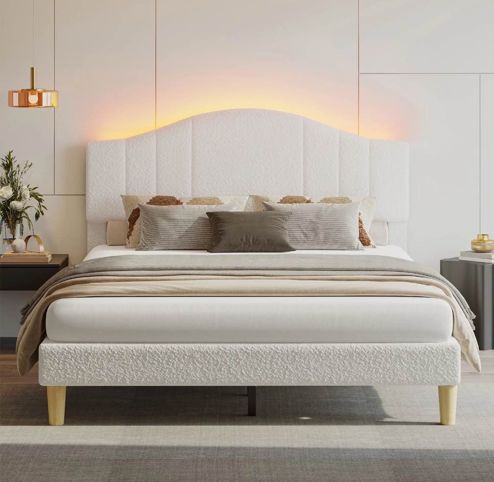 pinmoco full upholstered bed frame with adjustable arc-shaped headboard, led platform bed, white teddy velvet