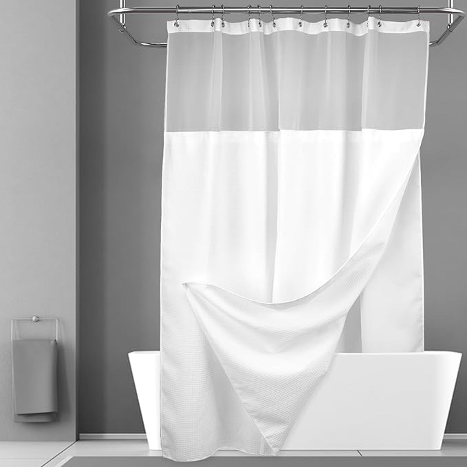 n&y home waffle weave shower curtain with snap-in fabric liner set, 12 white hooks included - hotel style, waterproof & washable, heavyweight fabric & mesh top window - 71x72, white