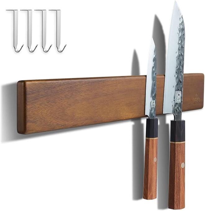 enoking magnetic knife holder for wall, knife magnetic strip no drilling 16 inch, powerful kitchen knife magnetic holder, acacia wood knife magnet for kitchen utensil organizer with 4 hooks