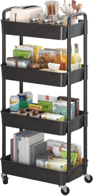 sywhitta 4-tier plastic rolling utility cart with handle, multi-functional storage trolley for office, living room, kitchen, movable storage organizer with wheels, black