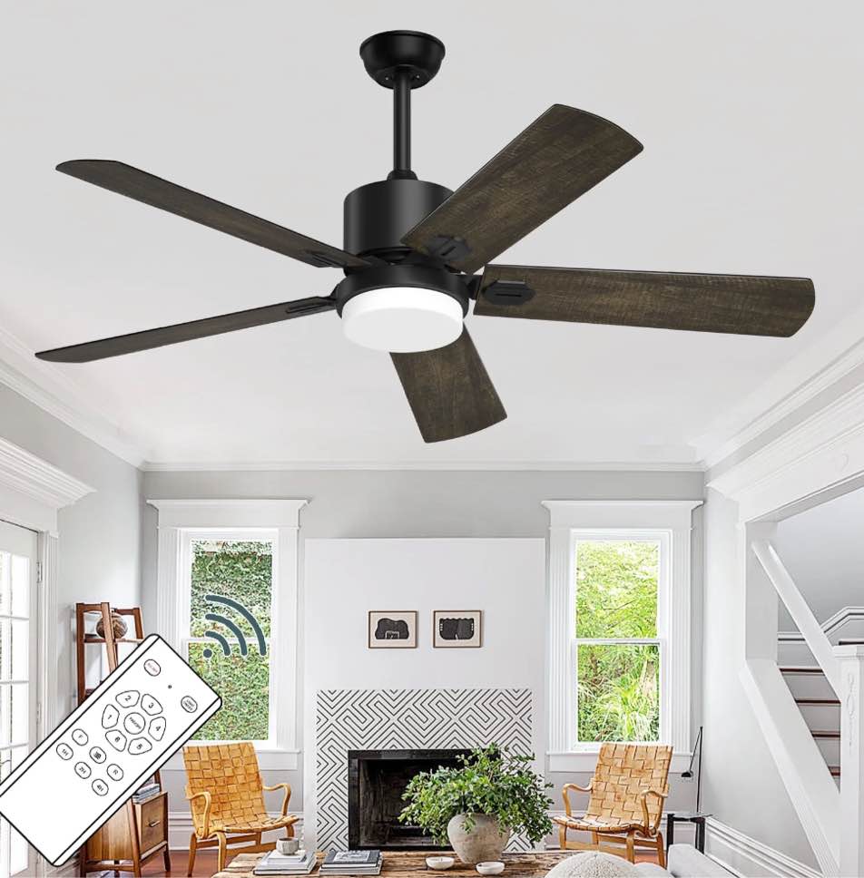XAUJIX Ceiling Fan with Light and Remote Control, Modern Flush Mount Ceiling Fan 52 '' 6-Speed Reversible DC Motor 5 Wood Fan Blades Retro Pine/Black