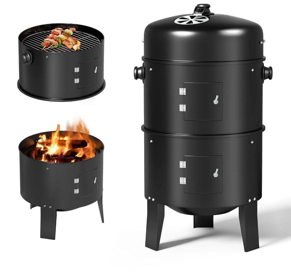 KingChii 3 in 1 Vertical Charcoal Smoker Grill BBQ Smoker for Outdoor, Patio Backyard Camping, Black