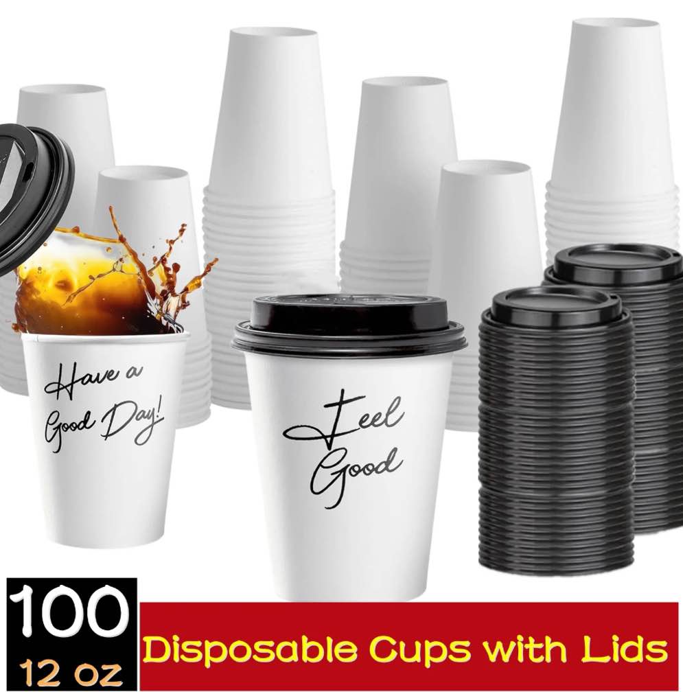 100 Pack 12 oz Paper Cups, Disposable Coffee Cups with Lids, To Go Hot Cups Leak-Free Food Safe Espresso Cups