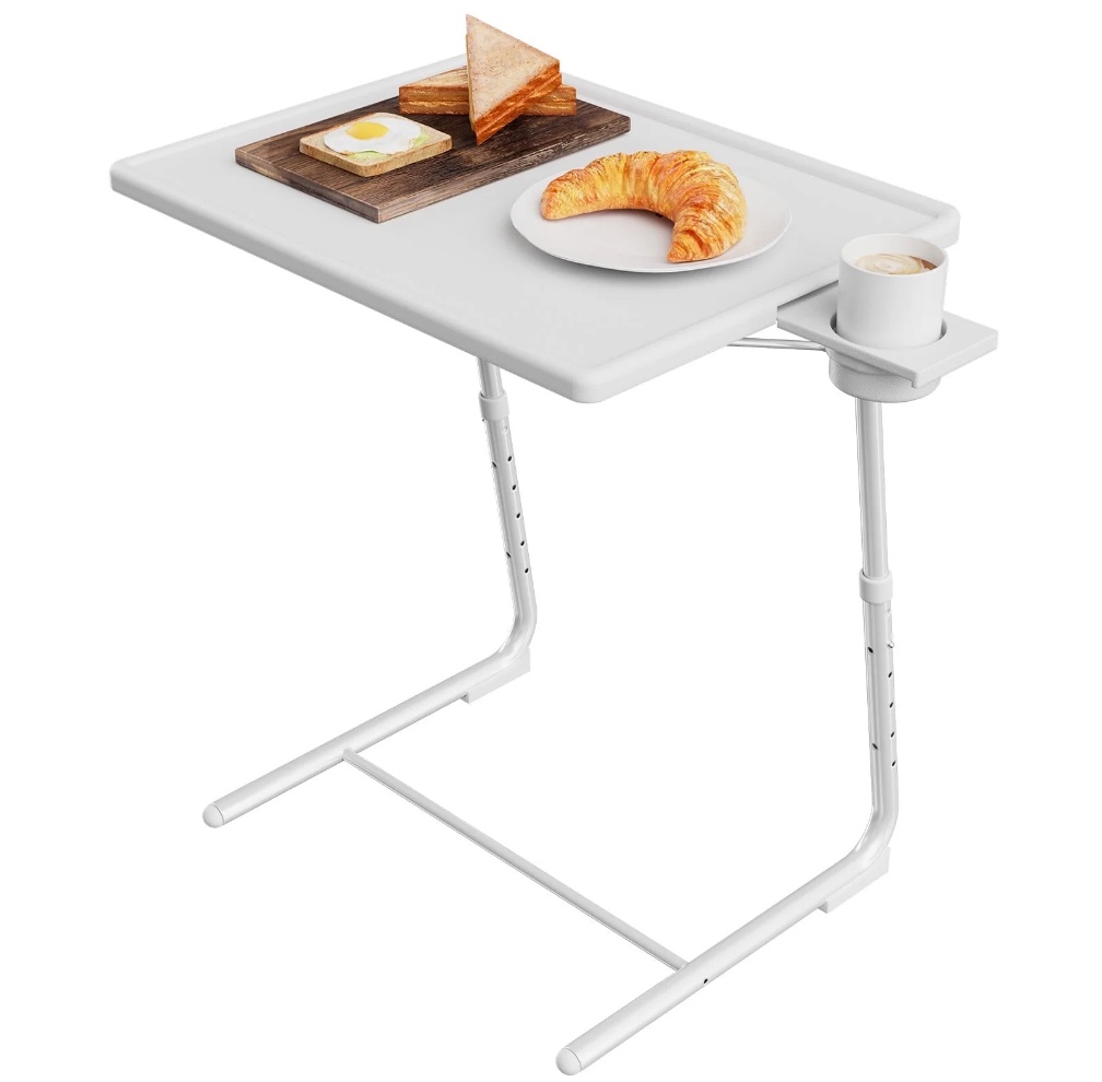CHITOOMA TV Tray with Cup Holders, Portable C-Shaped Side Dinner Tray Table, Adjustable 6 Heights & 3 Tilt Angle for Living Room, Bedroom, White