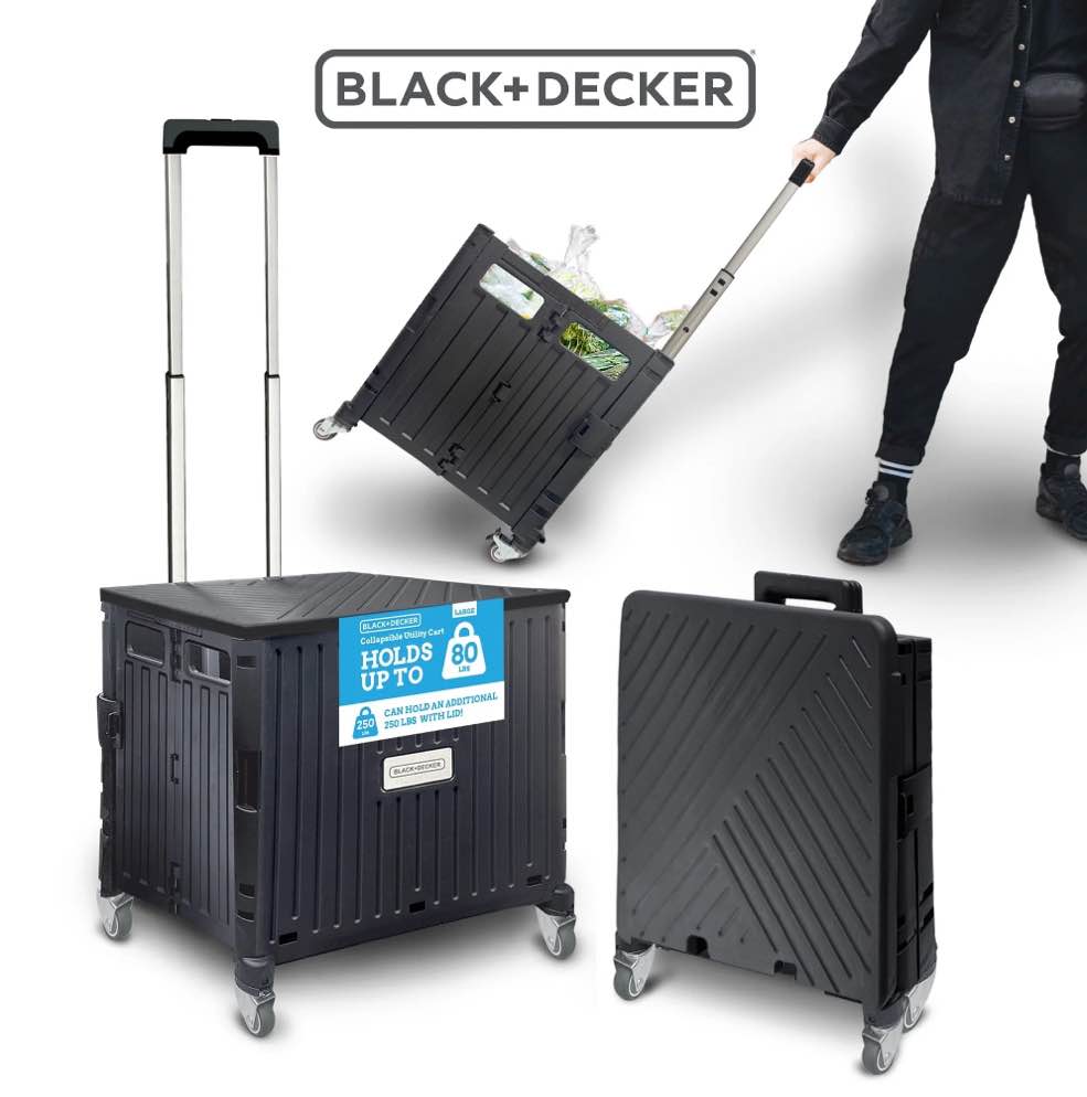 black+decker large collapsible pack n roll folding utility cart with lid, 4 wheels, adjustable handle, heavy duty, black
