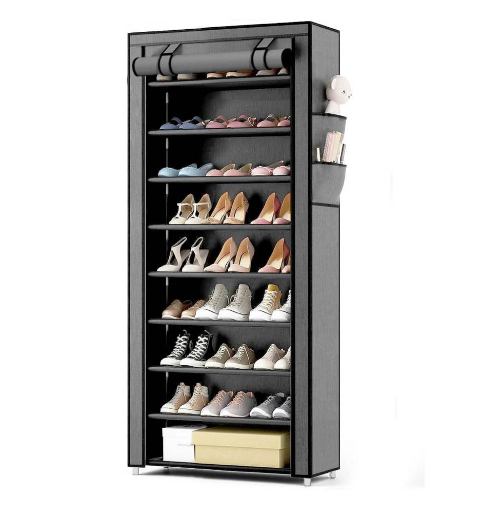 10 tier shoe rack with covers, large capacity stackable tall shoe organizer storage, sturdy metal free standing shoe shelf for closet entryway garage