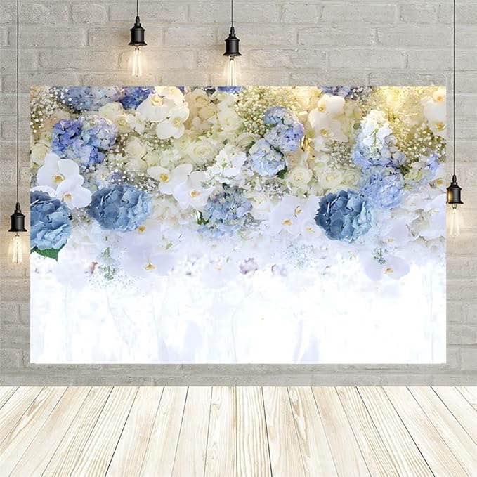 DHXXSC 7X5FT Blue White Fowers Photo Backdrop Anniversary Celebration Couple Studio Props Photography Backdrops Wedding Background Newborn Shower Banner Birthday Party Props DH-87