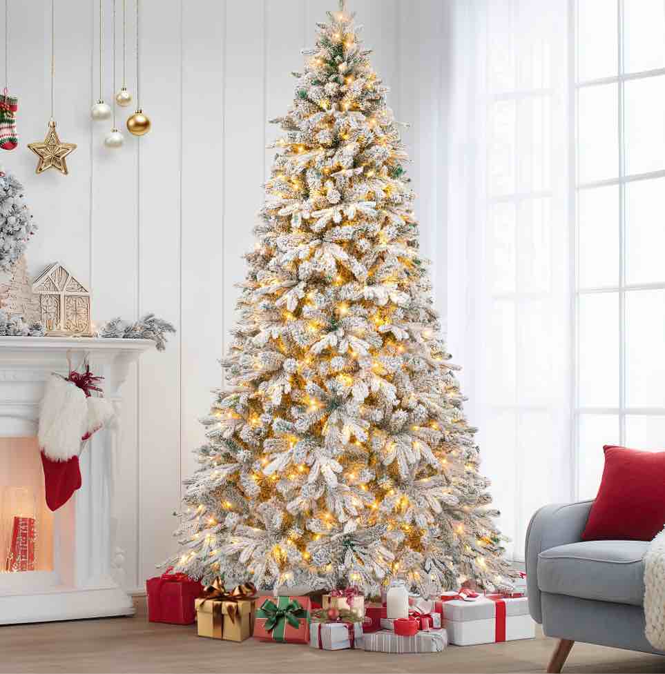 firstness 9ft pre-lit artificial christmas tree with 900 led lights,snow flocked