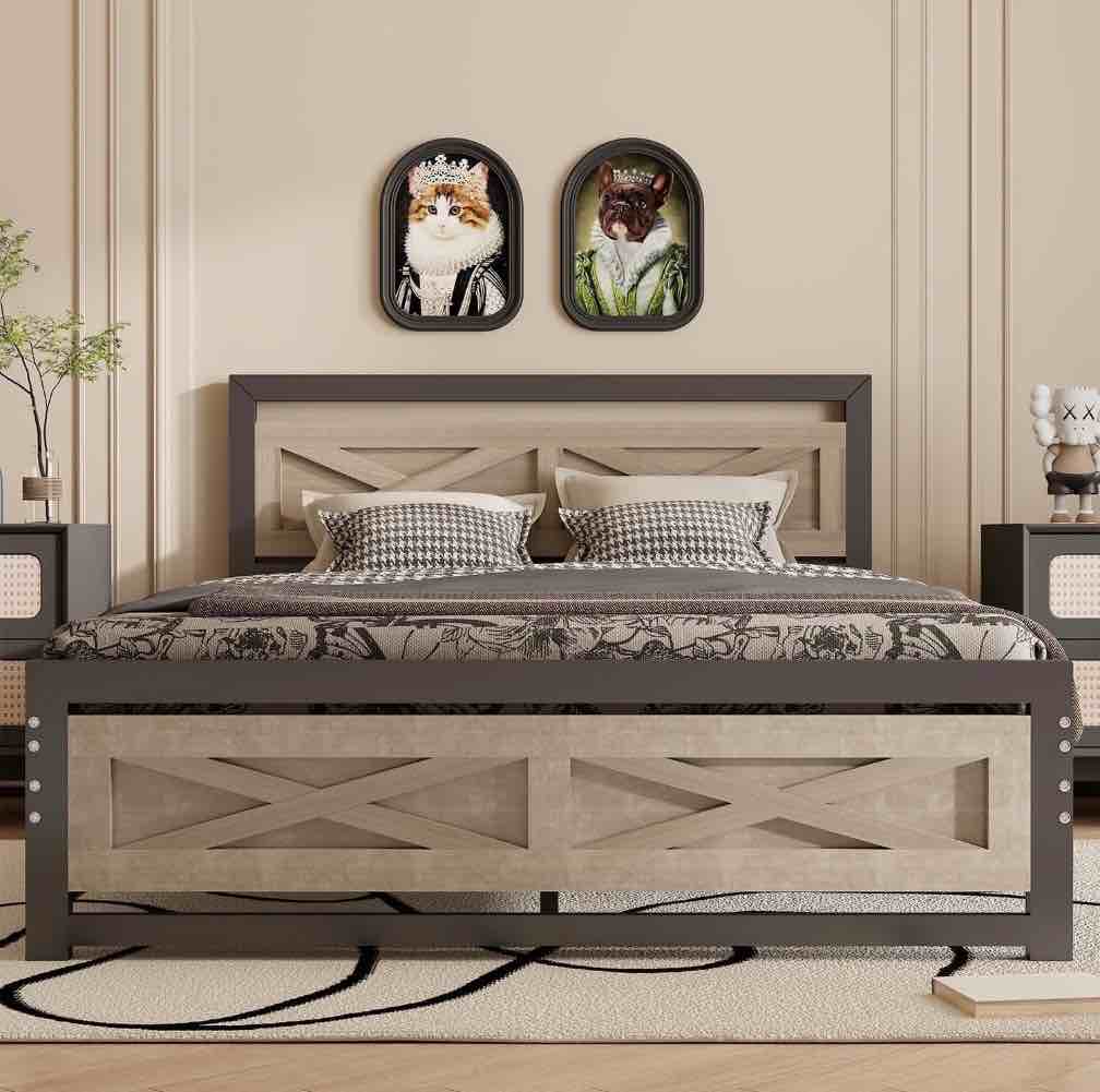 behost full size bed frame, farmhouse wood metal platform full bed frame with headboard and 11" underbed storage