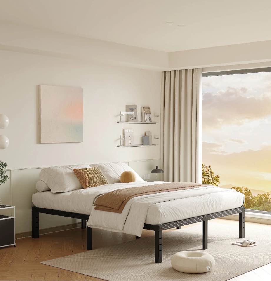 fschos 14 inch full size bed frame, heavy duty metal platform, no box spring needed, easy assembly, black