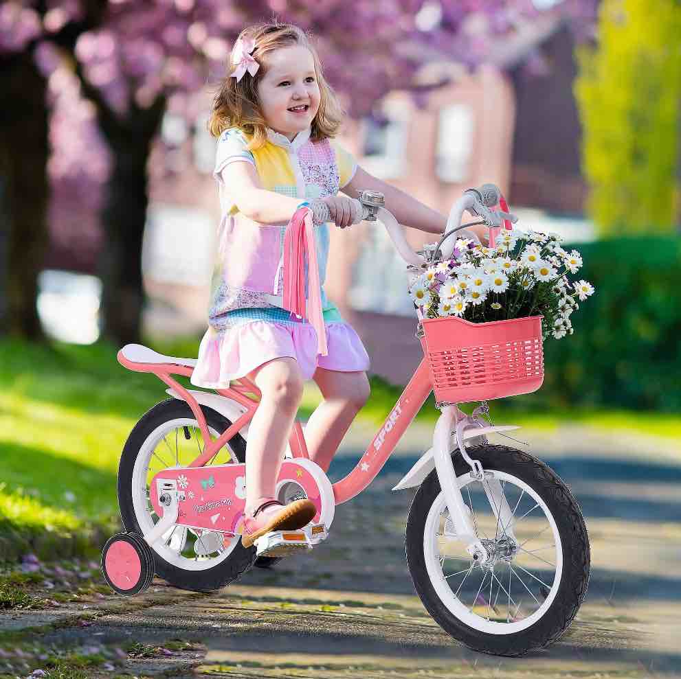naipo 14inch kids bike for 3 -8 years girls boys with handbrake 14" children princess bicycle with training wheels basket streamer toddler cycle bikes pink