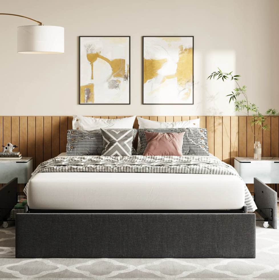 Amolife Queen Size Upholstered Platform Bed Frame with 3 Storage Drawers and Wooden Slats  Dark Gray