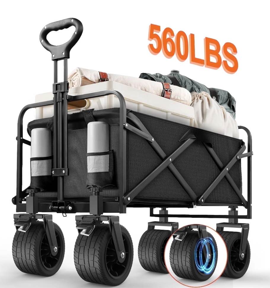 Qunler Large Collapsible Folding Wagon, 560 lbs Heavy Duty Big Bucket Utility Garden Cart with Oversized Tank Wheels for Sports, Shopping, Camping, Kids, Black