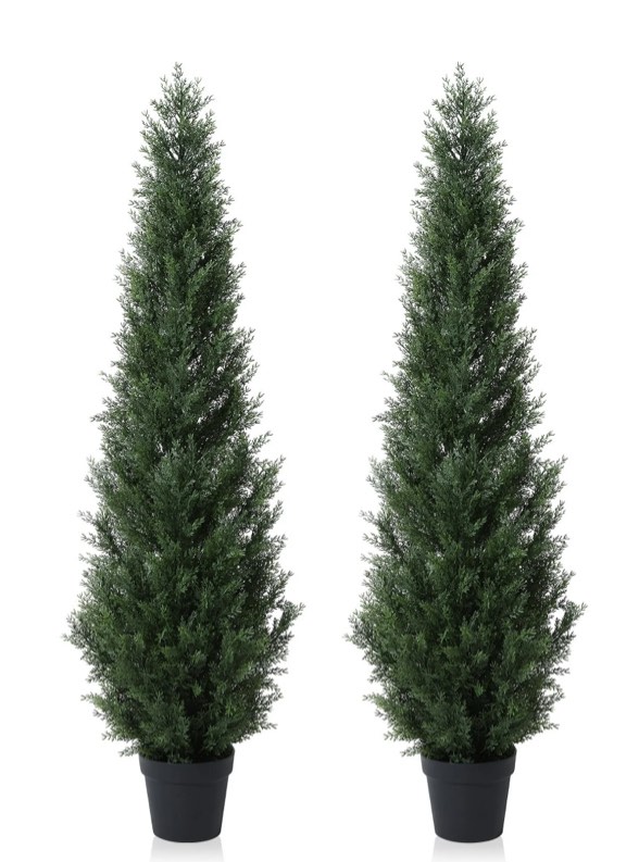 Artificial Cedar Tree 5 FT Artificial Cedar Topiary Trees for Outdoors Potted Fake Cypress Trees Faux Evergreen Plants for Home Porch Decor Set of 2