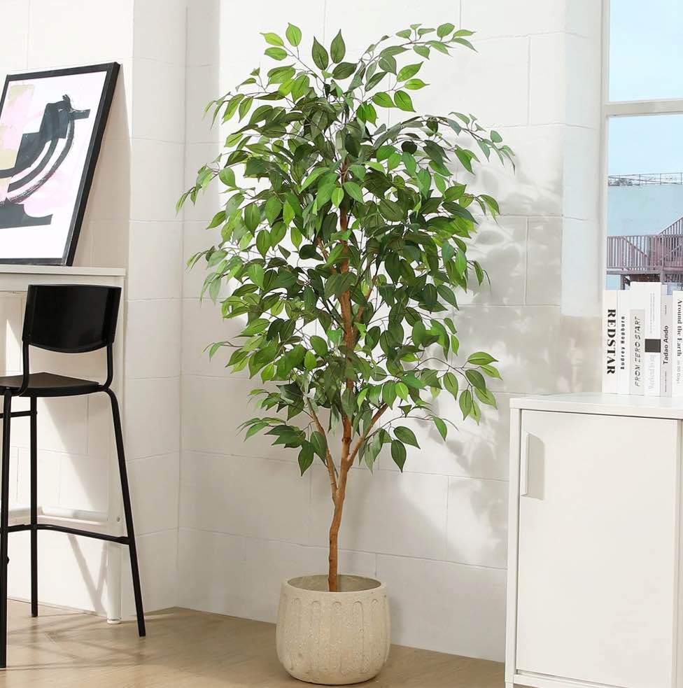 5FT Artificial Ficus Tree with Natural Wood Trunk and Lifelike Leaves, Silk Fake Potted Tree with Wood Branches, Faux Tree for Office Home Decor