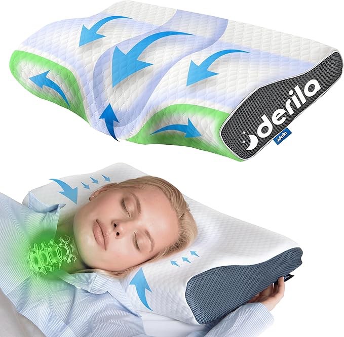 derila cervical memory foam pillow | the perfect bed pillows for side, back, stomach sleepers. neck contoured support pillow improves sleep. you will wake up refreshed with neck & shoulder pain relief