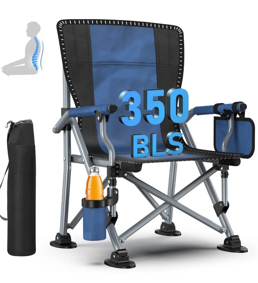 LNOW Folding Camping Chair with Side Pocket & Carrying Bag Ultralight Beach Chair Support 300 Lbs for Picnics Hiking Fishing Blue