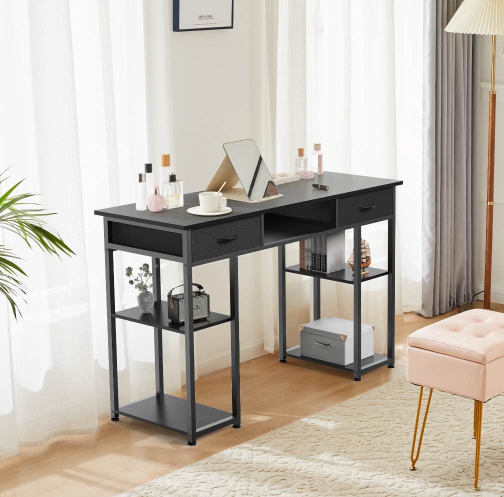CONCETTA 48 inch Small Desk with Fabric Drawers & Storage Shelves, Computer Desk, Writing Desk for Home Office, Bedroom, Black