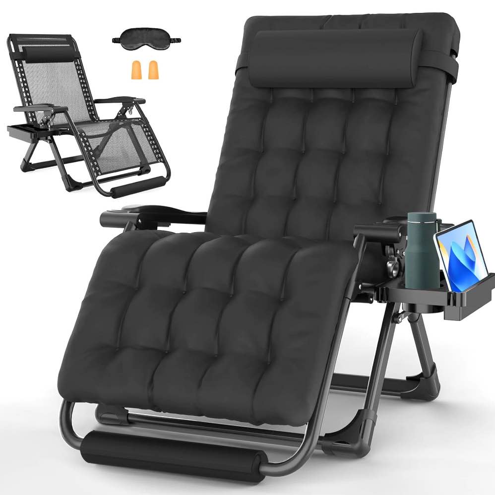 GVDV Oversized Zero Gravity Chair, 33In XXL Lounge Chair with Removable Thick Cushion, Lawn Patio Reclining Chair Upgraded Alloy Lock and Cup Holder, for Indoor Outdoor, Black
