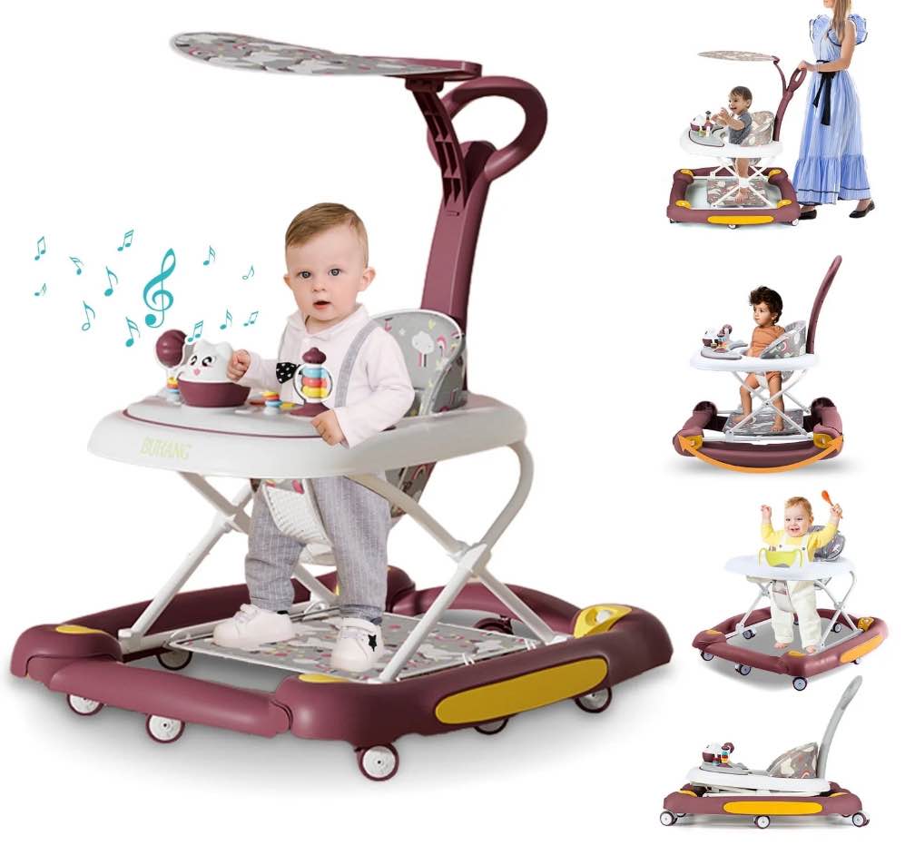FACNOATIHN 6-in-1 Baby Walker, Foldable Push Walker with Musical Activity Station, 6-24 Months, Red