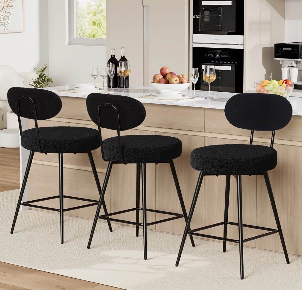 Hommpa 26" Swivel Bar Stools Set of 3 with Back Upholstered Counter Height Modern Boucle Bar Chairs with Metal Frame & Footrest 360° Swivel Dining Pub Chairs for Kitchen Island