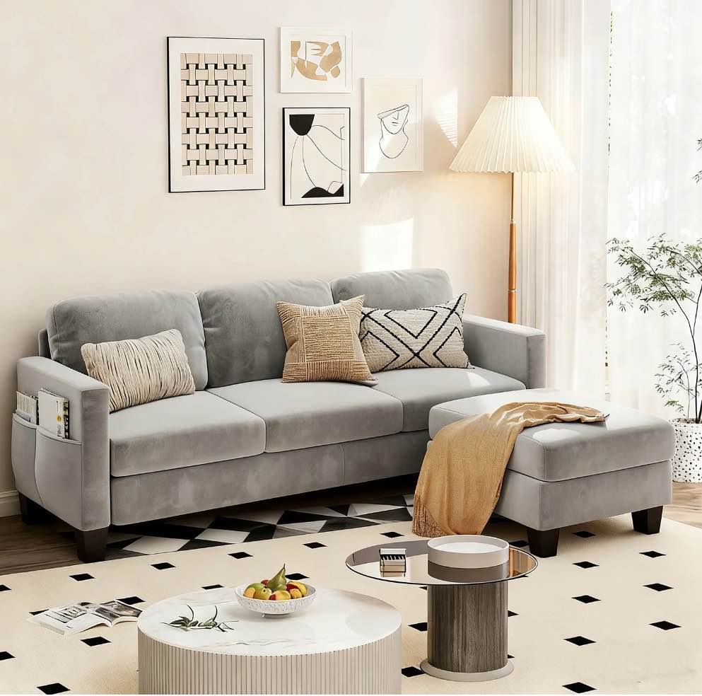 Pinmoco L-Shaped Sectional Sofa Couch for Living Room, 3 Seat Velvet Convertible Sofa with Movable Storage Ottoman and Side Pockets, Gray