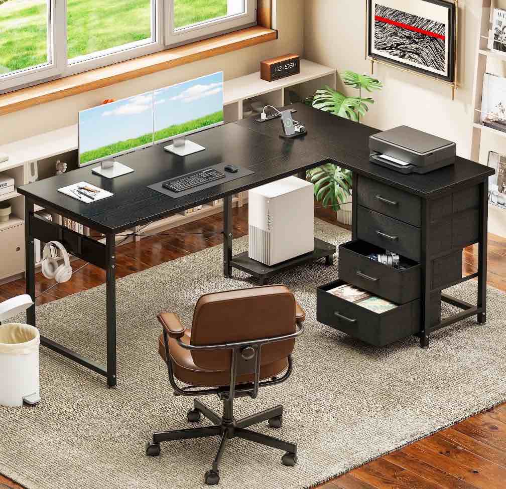 Casacomoda L Shaped Computer Desk with Charging Station, 53 inch PC Table Study Desk 4 Tier Drawers, Modern Simple Style Laptop Desk for Bedroom, Black