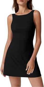 QINSEN Womens Open Back Tennis Dress Sleeveless Built in Shorts Golf Athletic Dress with Pockets Bla