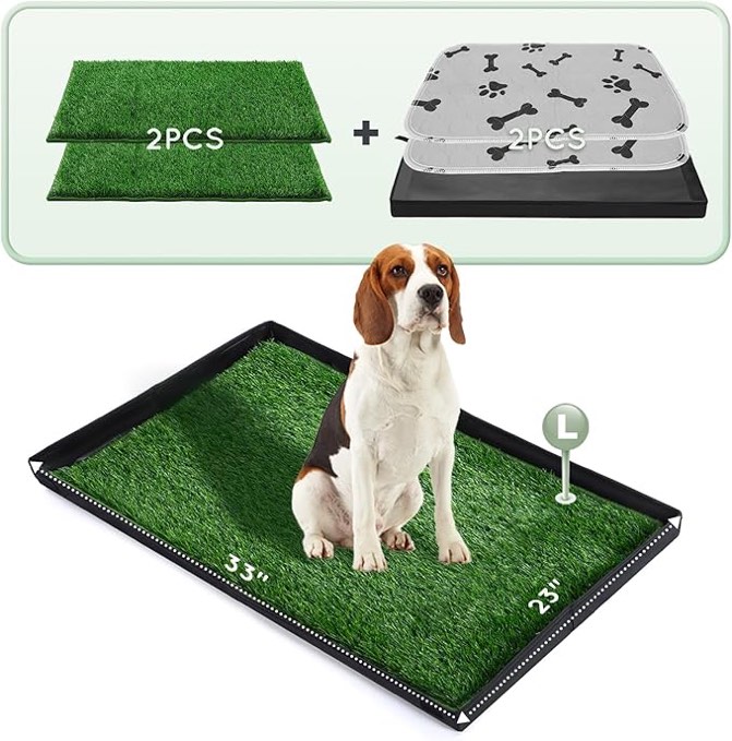 Dog Grass Pad with Foldable Dog Litter Box,Large Liner Base for Balcony?Ultra-Absorbent Artificial Grass Pads for Dogs,Dog Pee Pad Holder, Potty Training, 2 PCS Reusable Pee Pad