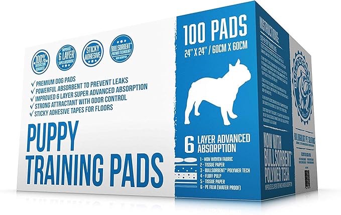 Bulldogology Premium Puppy Pee Pads with Adhesive Sticky Tape (24x24) Large Dog Training Wee Pads with 6 Layer Extra Quick Dry Bullsorbent Polymer Tech