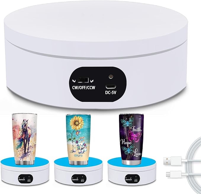 Turner Cup Rotating Display Stand for Epoxy Glitter Tumbler, 360 Degree Automatic Mute Rotating Turntable for Photography Products Tumbler Making Supplies Spinner 4.72*1.77in Motorized Rotation