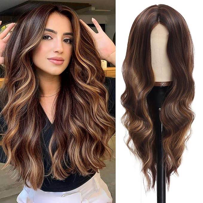 Brown Highlight Wigs for Women 26 Inch Long Wavy Brown Wig Glueless Brown Mix Blonde Middle Part Cur