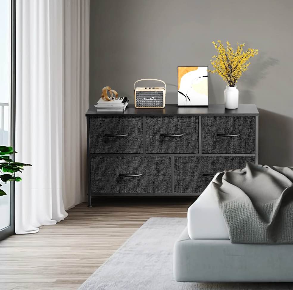 EDX 5 Drawer Dresser, Wide Chest of Drawers Nightstand Storage Tower Storage Fabric Dresser with Wood Top for Living Room, Bedroom, Hallway,Black