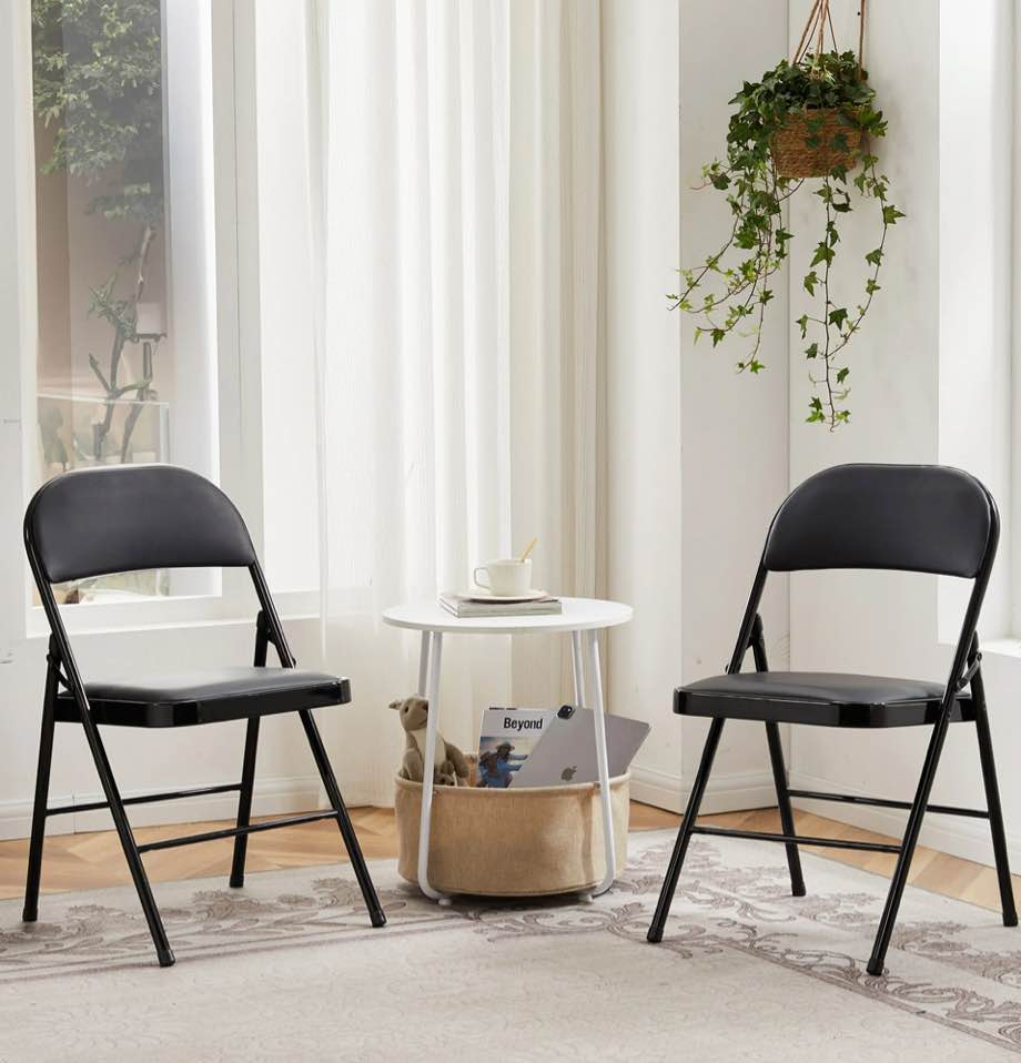 CONCETTA 2 Pack Folding Chair, Indoor Outdoor Portable Stackable Commercial Leather Padded Seat for Home, Office, Party, Black