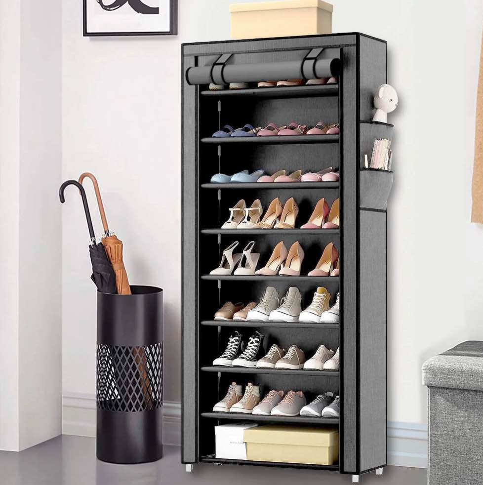 10 Tier Shoe Rack with Covers, Large Capacity Stackable Tall Shoe Organizer Storage, Sturdy Metal Free Standing Shoe Shelf for Closet Entryway Garage