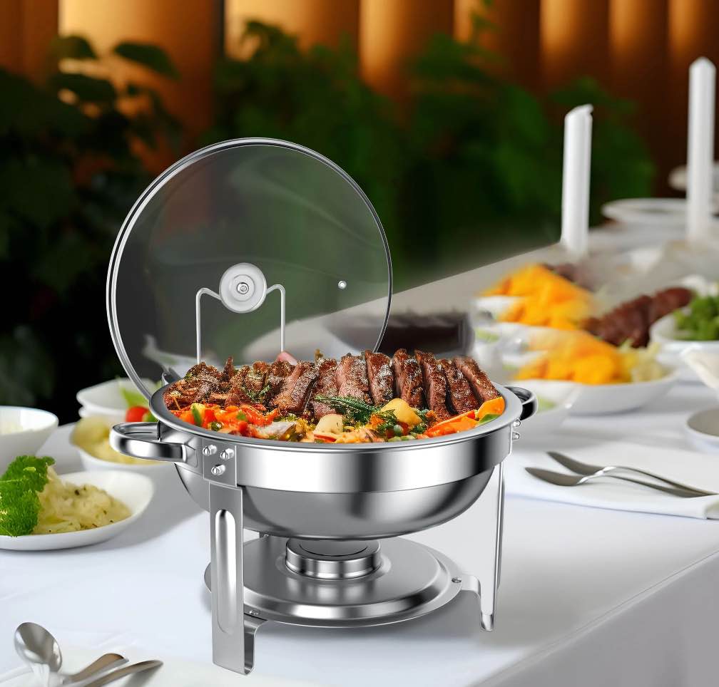 Chafing Dish Buffet Set 4 Pack TINANA 5QT Stainless Steel Chafing Dishes for Buffet with Glass Lid & Lid Holder Round Chafers and Buffet Warmers Sets for Parties Events Wedding Camping Dinner