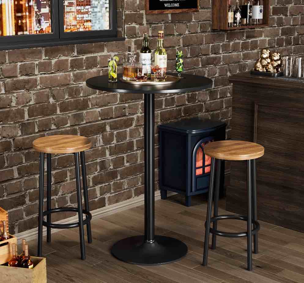 Homall Bistro Pub Table Round Bar Height Cocktail Table Metal Base MDF Top Obsidian Table with Black Leg 23.8-Inch Top 39.5-Inch Height Black