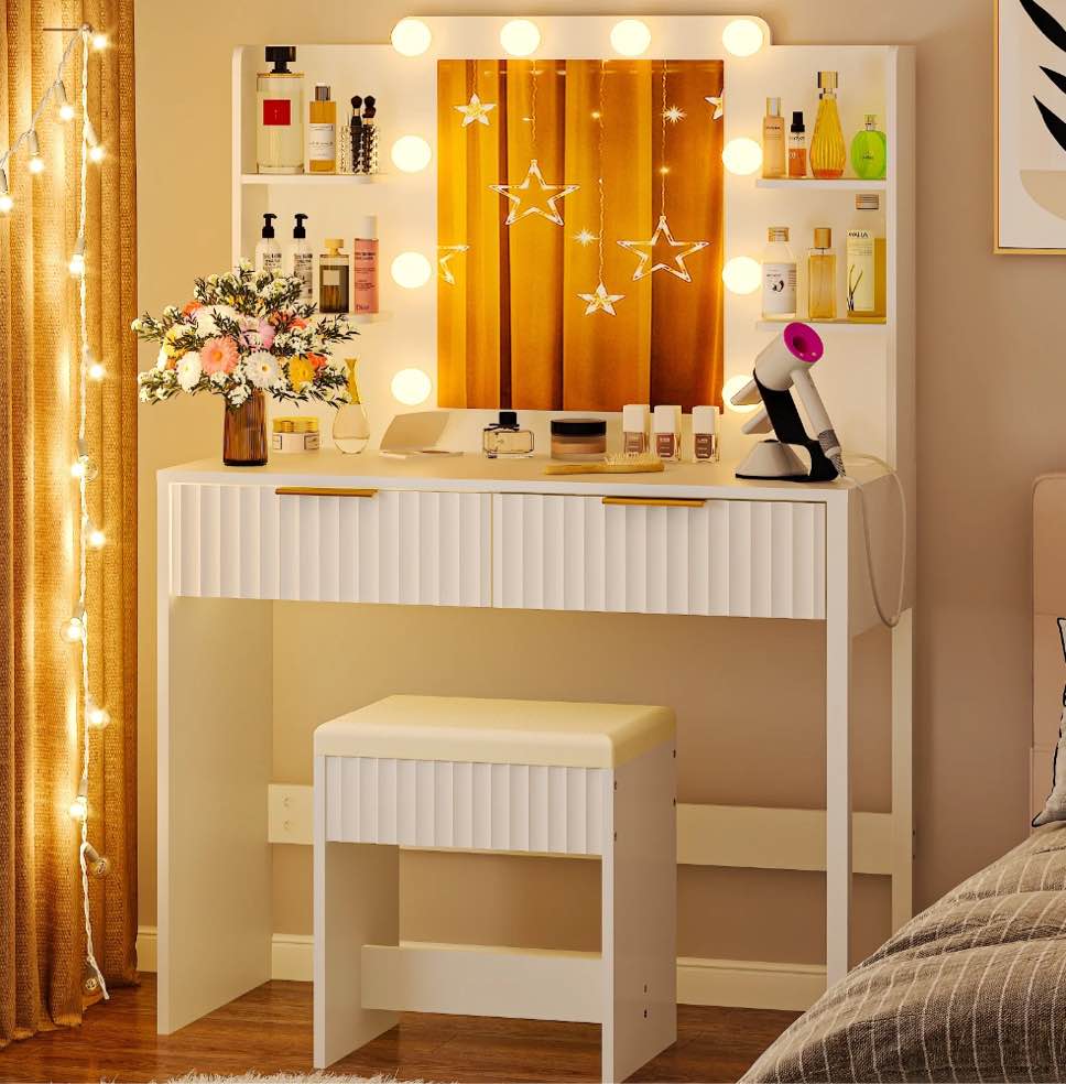 Ktaxon Lighted Makeup Vanity, White Vanity Table Set with 2 Drawer and Charging Station, Femal Gift