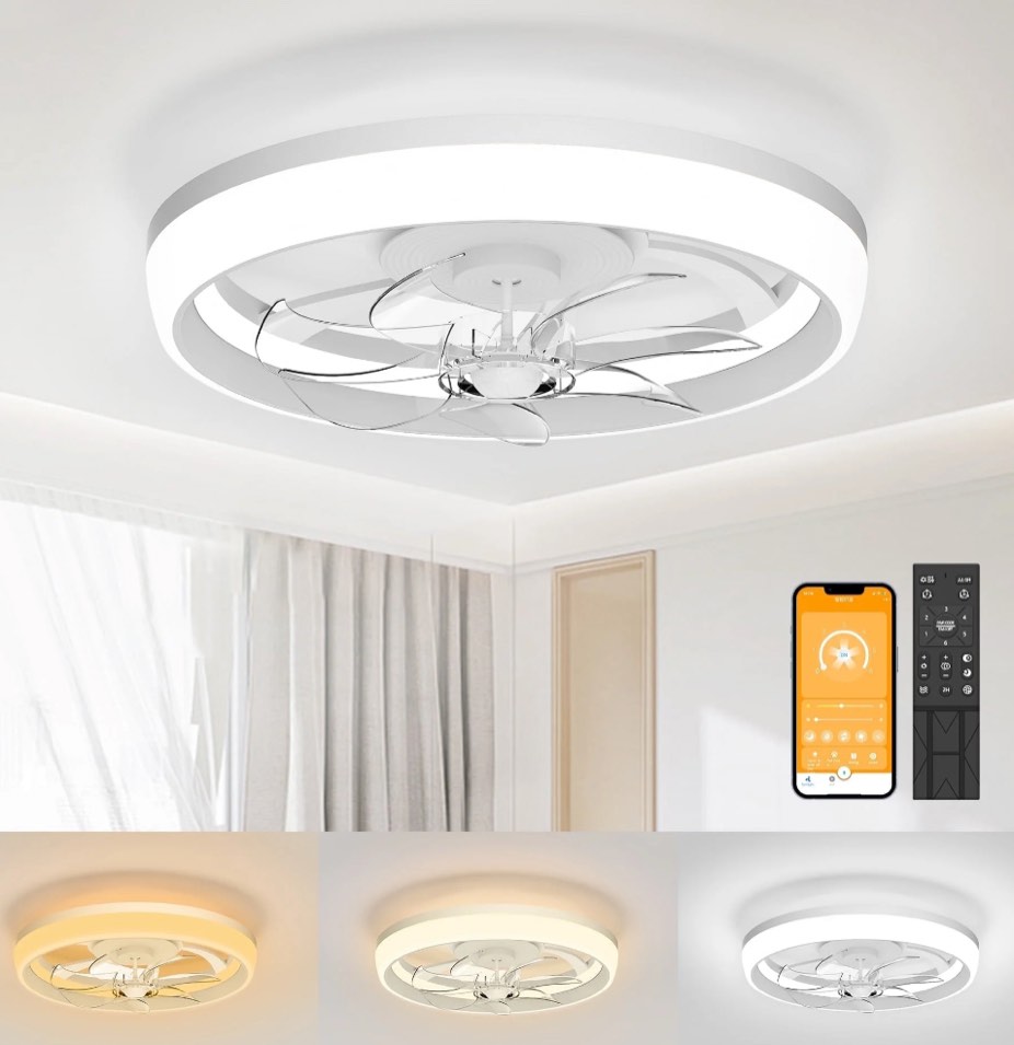 SKVEVN 19" Ceiling Fan with Light - 3 Colors Lighting, 6 Wind Speeds, Remote Control&APP, Modern Dimmable LED, Smart Ceiling Fan for Bedroom(White)